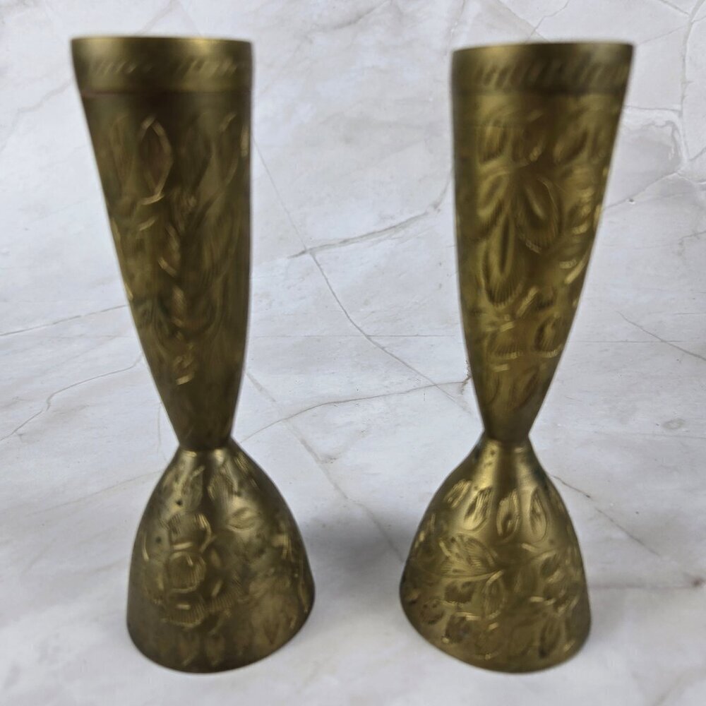 Vintage Brass Salt & Pepper Shakers Bell Attachment Hand Carved Made In India